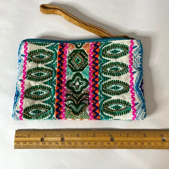 KATYDID Embroidered Beaded Wristlet Clutch Multicolor Bohemian Pattern Zipper - Picture 4 of 6